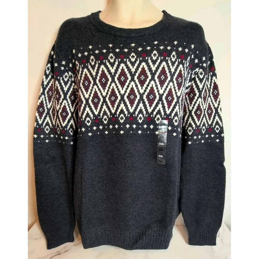 Sonoma Men's Crewneck‎ Sweater Fair Isle Pattern in Navy blue,White, Red 2XL New